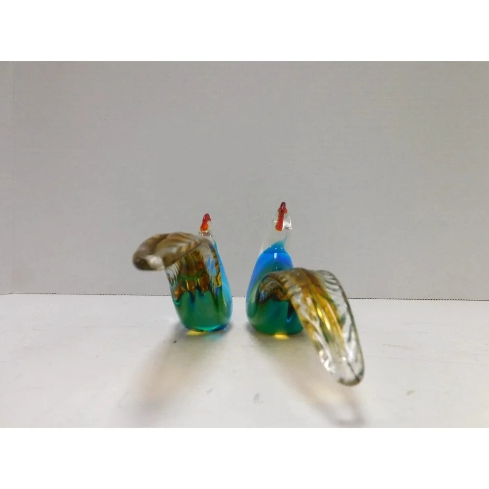 Vintage Art Glass Rooster Figurines Pair Blue Amber Green Hand Blown Birds DW740